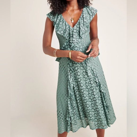 Anthropologie Dresses & Skirts - Anthropologie Antoinette Ruffled Lace Midi Dress Green Size 14 NWT $250